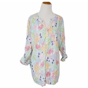 J. Jill Pastel Floral Shirt Roll Tab Sleeve V Neck Relaxed Cotton Women Medium